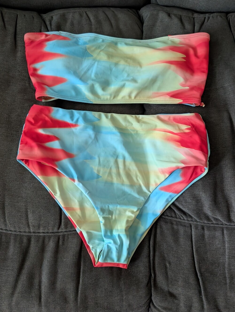 Bandeau High-Waist Tie-Dye Bikini Set - Red, Blue & Cream